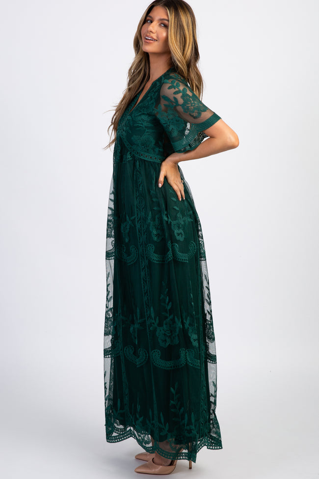 Emerald Green Lace Mesh Overlay Maxi ...